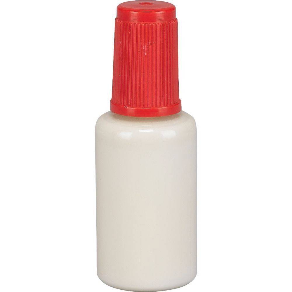 Eine kleine weiße Flasche mit einem gerifften roten Deckel, geeignet zum Ausgeben von Flüssigkeit, wahrscheinlich für Klebstoff oder ähnliche Materialien verwendet.