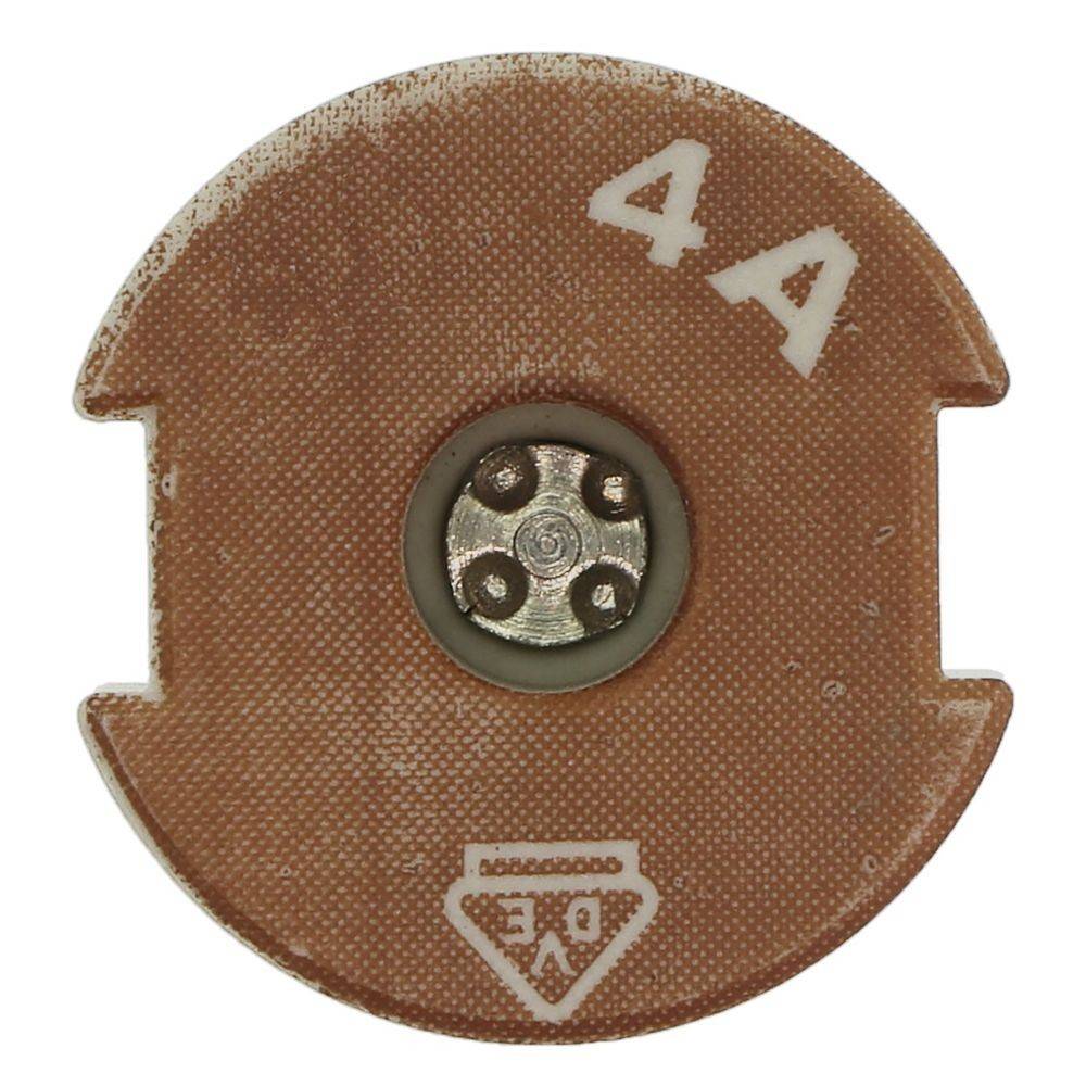 Eine runde, braune elektrische Sicherung mit der Aufschrift '4A' und einem Dreiecksymbol, was eine Stromstärke von 4 Ampere anzeigt.
