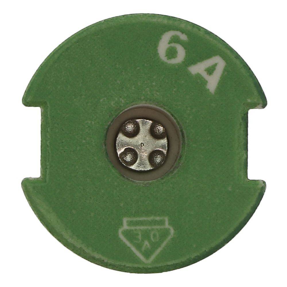 Eine grüne, kreisförmige 6-Ampere-Sicherung mit zwei metallischen Anschlüssen in der Mitte, auf der Oberseite mit '6A' gekennzeichnet und darunter ein Dreiecksymbol.