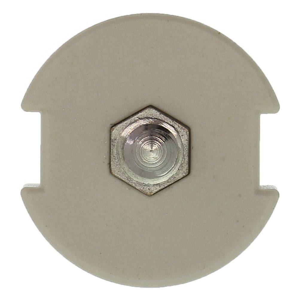 Ein rundes, beiges Plastikteil mit einem zentralen Metallbolzen, das zwei Kerben auf gegenüberliegenden Seiten aufweist.