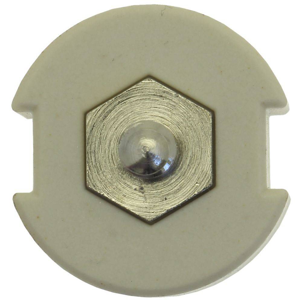 Eine kreisförmige Metall- und Keramikkomponente mit einem sechseckigen metallischen Zentrum, die häufig in elektrischen oder elektronischen Baugruppen verwendet wird.