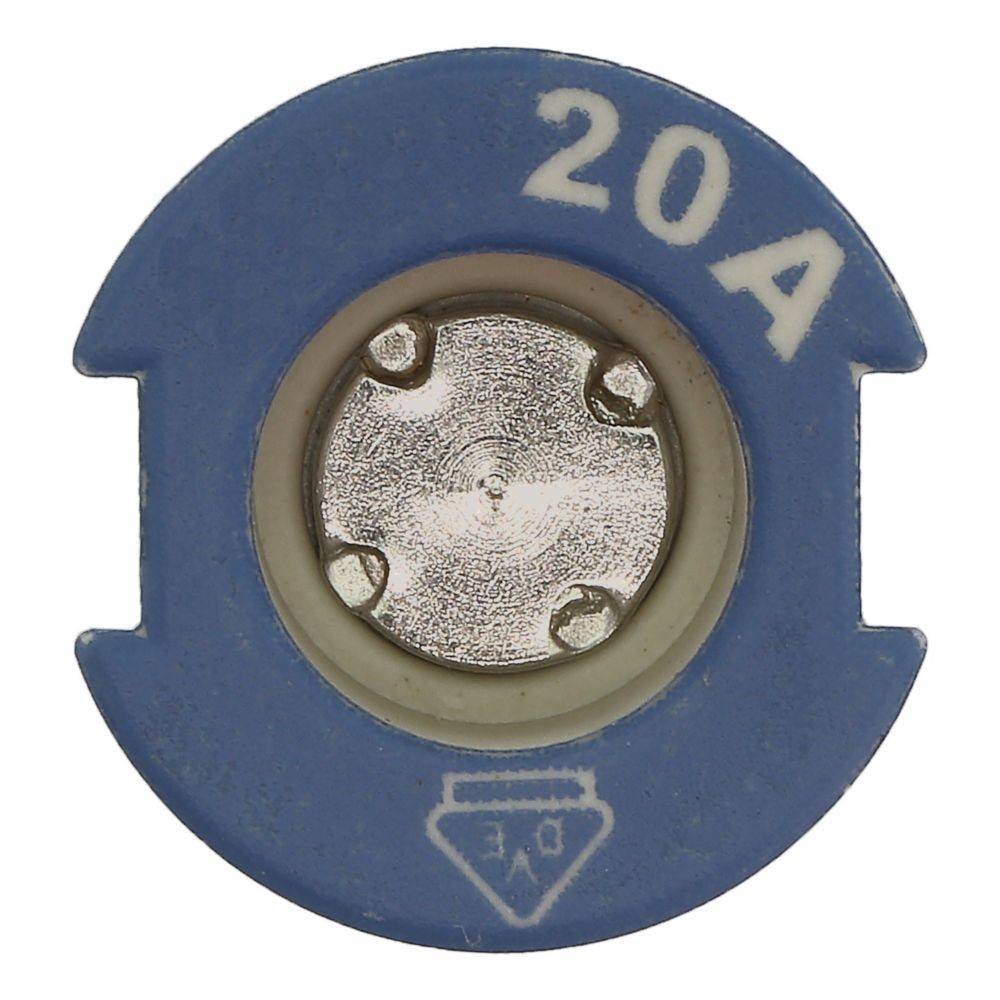 Eine blaue kreisförmige Sicherung, die mit 20A bewertet ist, mit einem Metallkern und Beschriftung für elektrische Verwendung.