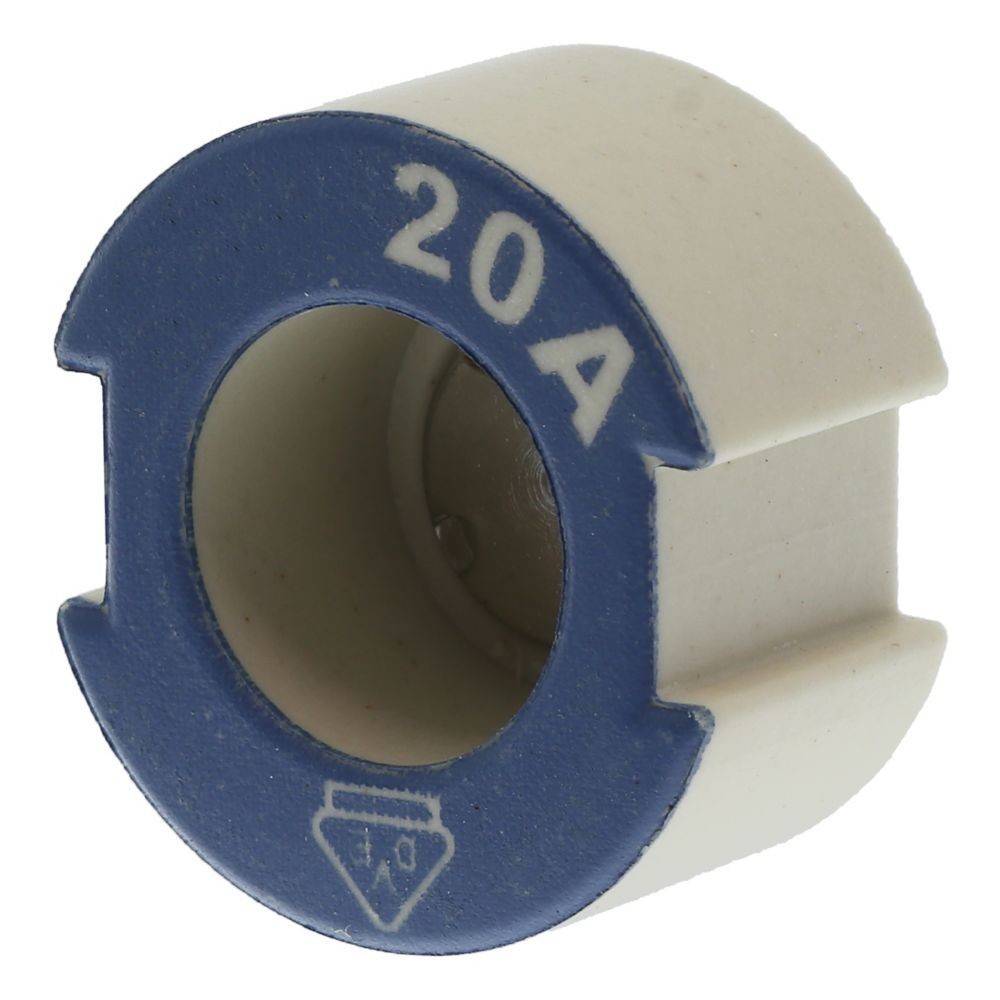 Eine blaue und weiße zylindrische Keramik-Sicherung mit der Markierung 20A.