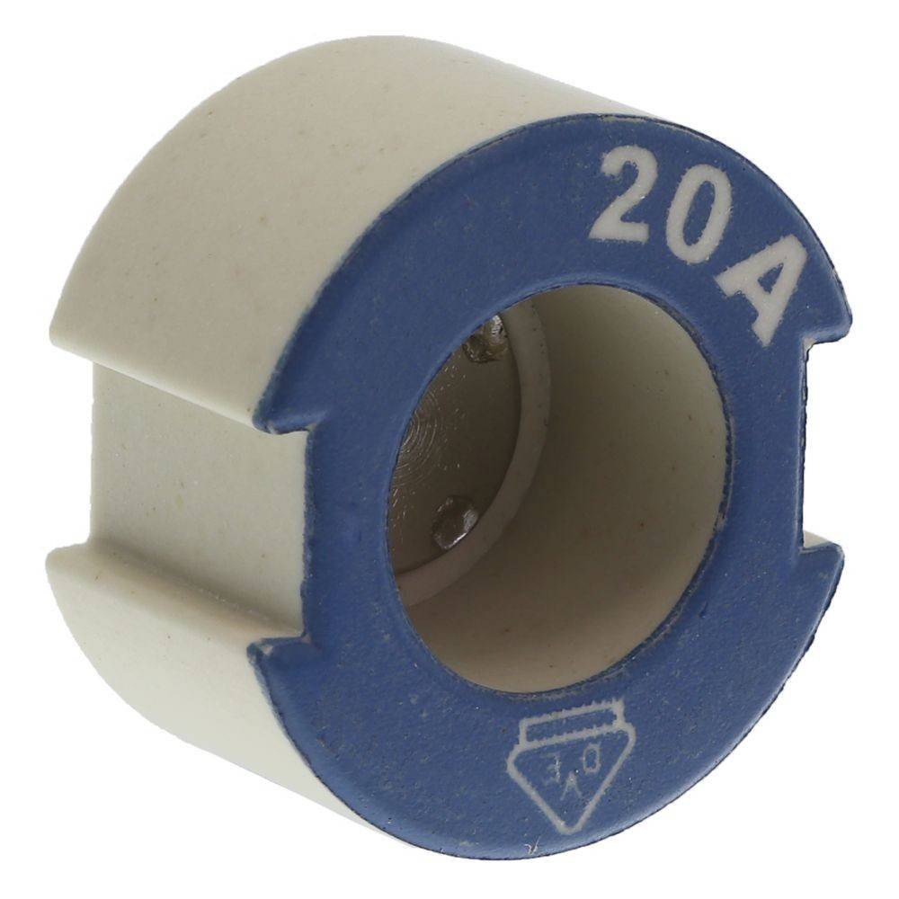 Eine Keramik-Sicherung mit blauem Deckel, markiert mit '20A', die für den Einsatz in elektrischen Systemen entwickelt wurde und eine Nennstromstärke von 20 Ampere anzeigt.