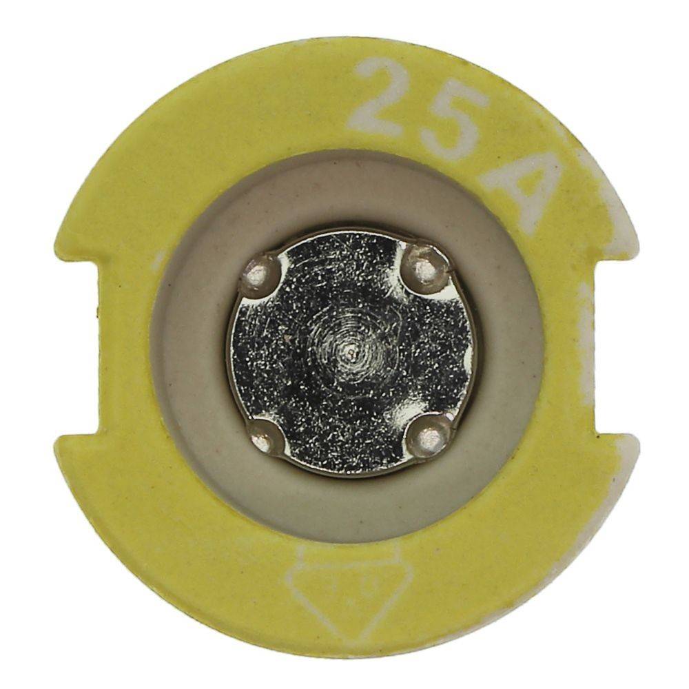 Eine gelbe elektronische Komponente mit der Aufschrift 25A, höchstwahrscheinlich eine Sicherung oder ein Schutzschalter, die ihre metallischen Kontakte zeigt.
