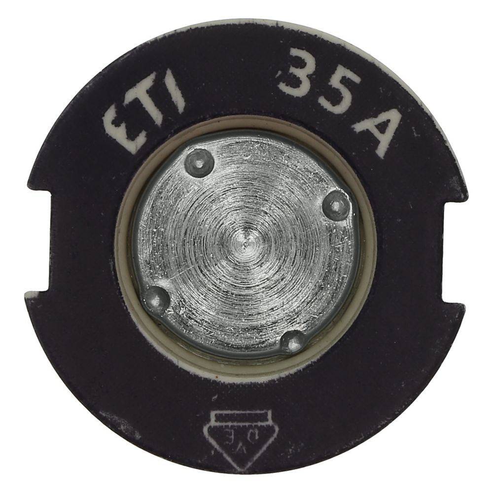 Eine runde Sicherung mit der Aufschrift 'ETI 35A'. Sie verfügt über einen metallischen Kern und ein schwarzes Außengehäuse, was auf eine elektrische Kapazität hinweist.