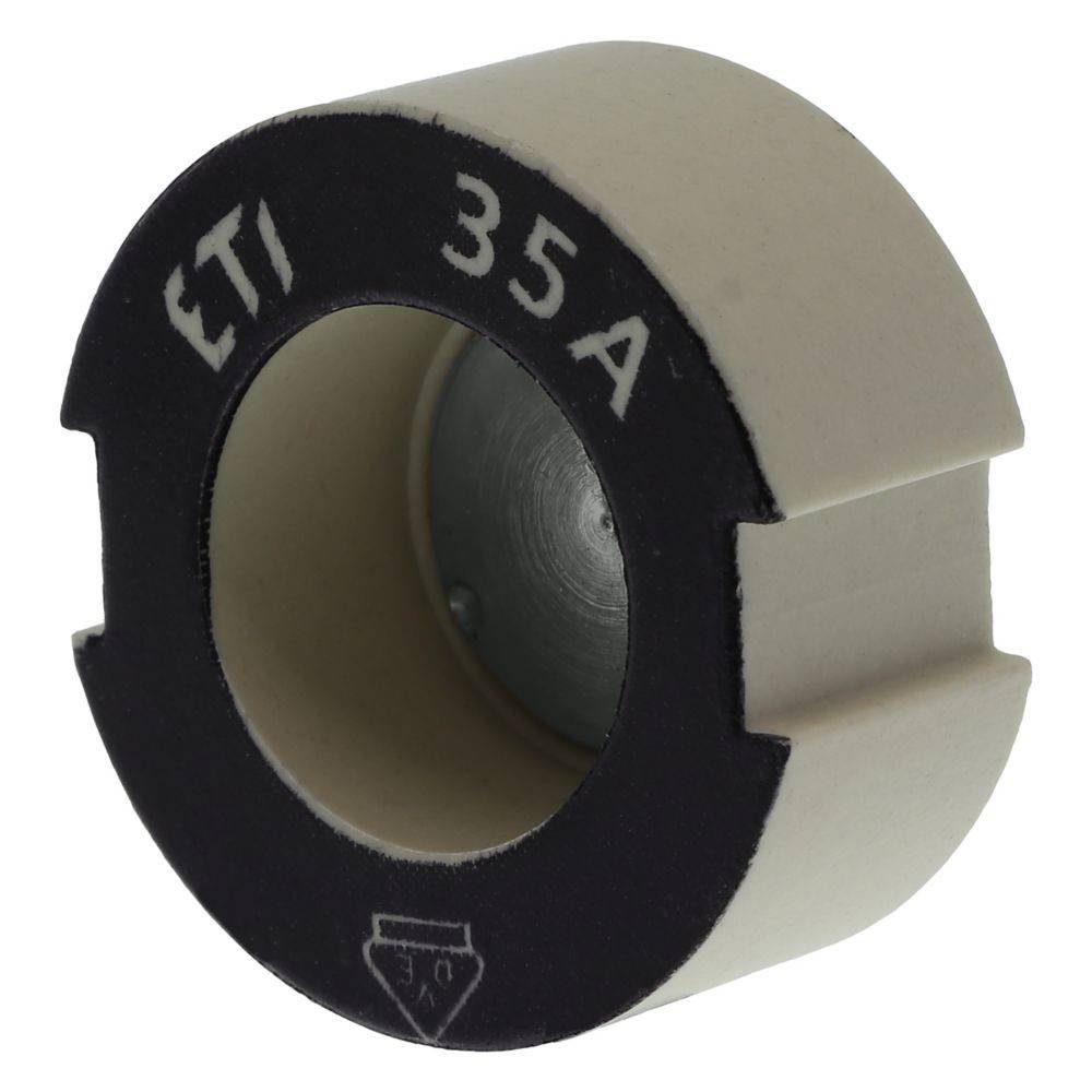 Eine zylindrische schwarze und weiße Sicherung mit der Aufschrift 'ETI 35A'.