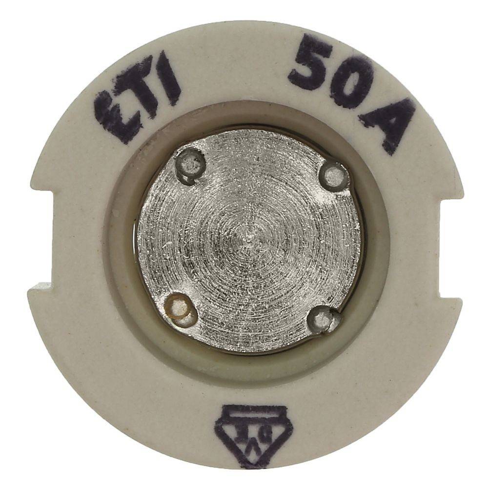 Eine runde weiße Sicherung mit einem metallischen Zentrum, die mit 'ETI' und '50A' beschriftet ist. Die Sicherung hat ein schildähnliches Symbol mit der Aufschrift '40'.