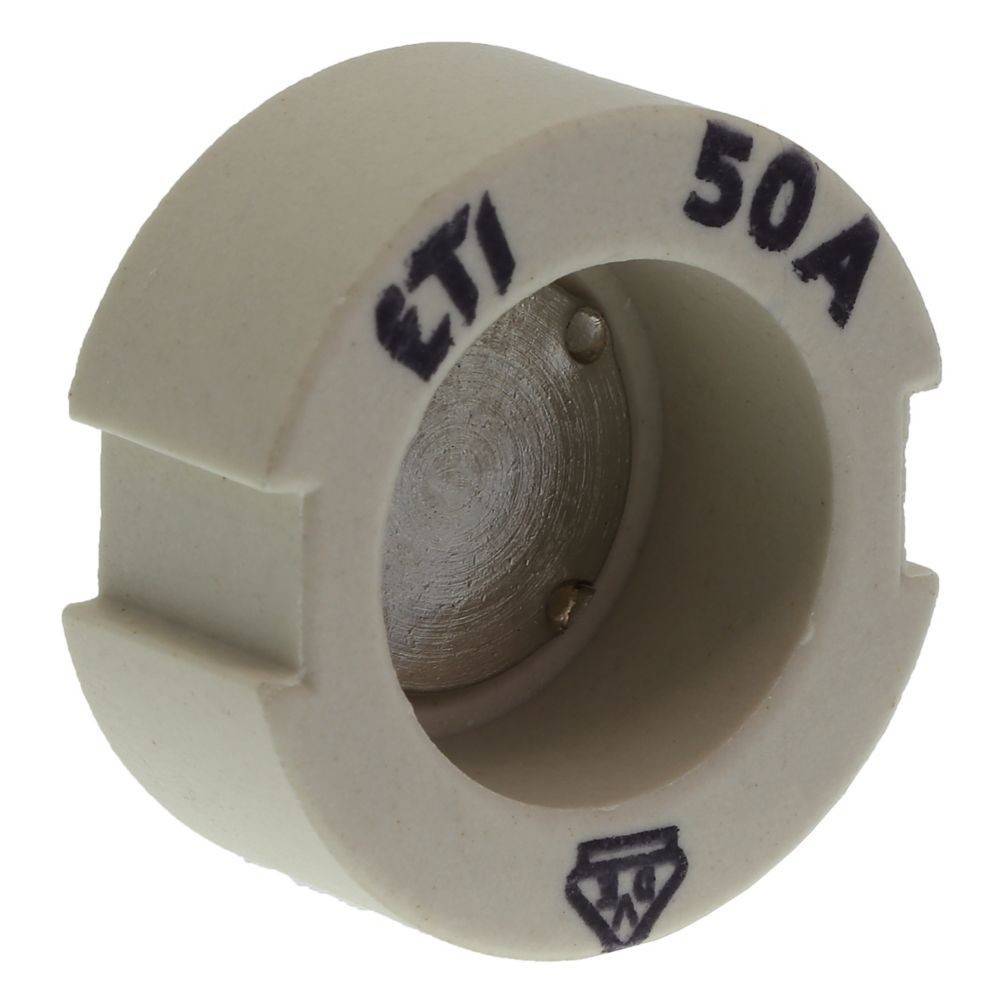 Eine zylindrische, weiße elektrische Komponente mit der Aufschrift 'ETI 50A', die eine zentrale Metalldiskus und ein dreieckiges Logo am unteren Ende aufweist.