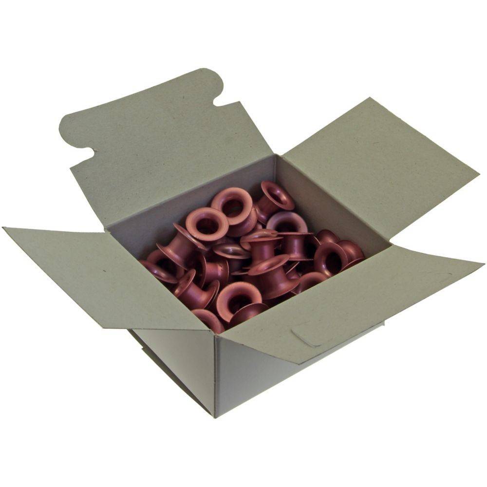 Eine offene Schachtel, die mehrere rote Gummidichtungen enthält, die im Inneren ordentlich angeordnet sind. Die Schachtel befindet sich auf einem schlichten weißen Hintergrund.