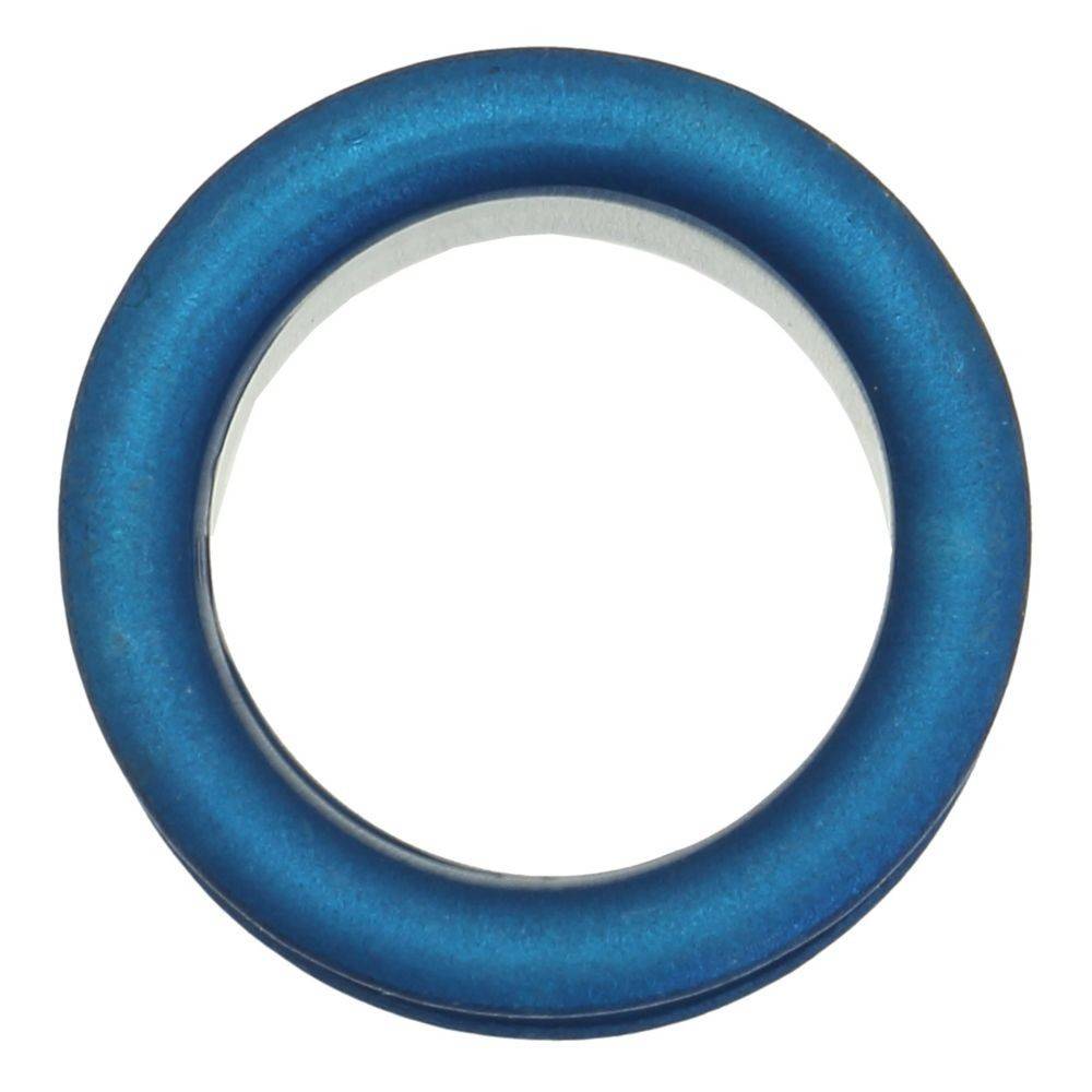 Ein blauer kreisförmiger Ring, von oben betrachtet, mit einer glatten, matten Textur. Er wirkt einfach und symmetrisch, vor einem weißen Hintergrund.