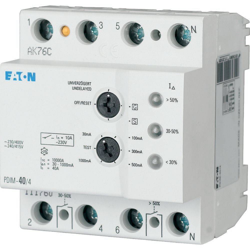 Elektrischer Stromkreisschutz mit Eaton-Branding, Kippschaltern und Anzeigen für verschiedene Testfunktionen; mit Beschriftung für 'Phase'- und 'Neutral'-Anschlüsse.
