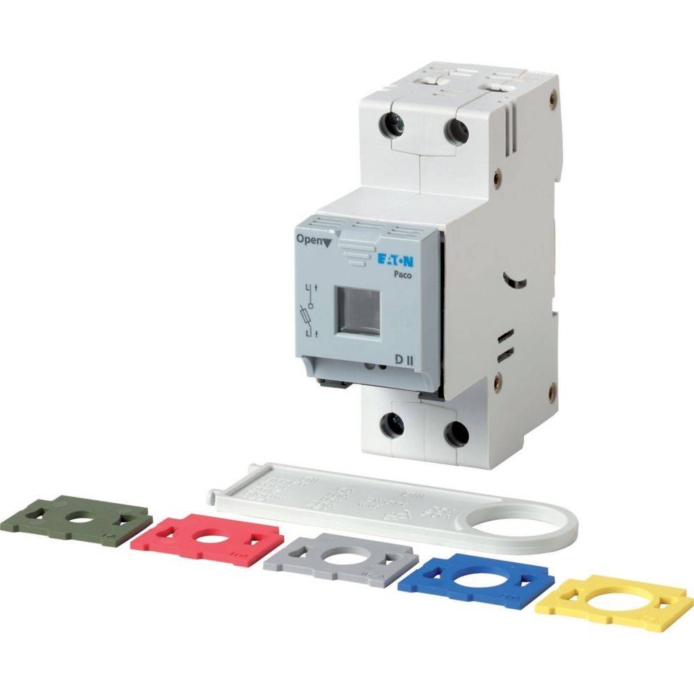 Eaton P-250 Schalter mit fünf farbigen Montageplatten und einem weißen Installationswerkzeug, entwickelt für die elektronische Schaltkreisverwaltung.