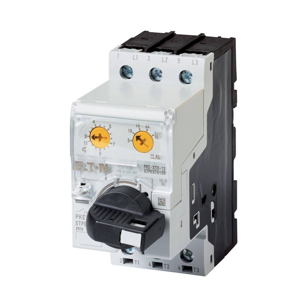 Ein schwarz-weißes elektrisches Gerät mit der Bezeichnung 'Eaton', das Wahlschalter, einen Schalter und mehrere Anschlusspunkte aufweist. Es scheint sich um einen Leistungsschalter zu handeln.
