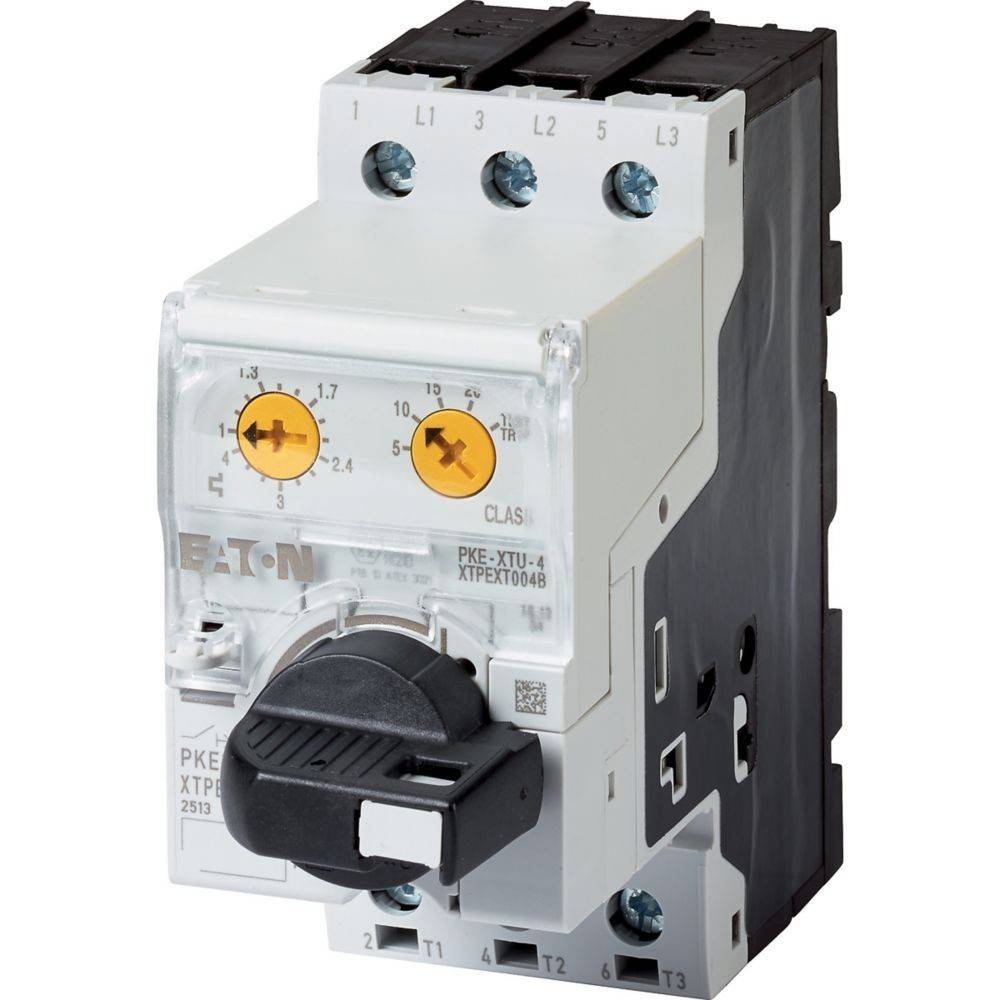 Elektromotor-Schutzschalter mit Drehknopf und beschrifteten Anschlüssen L1, L2, L3 für Motorenanschluss und PKE-Modellkennzeichnung.
