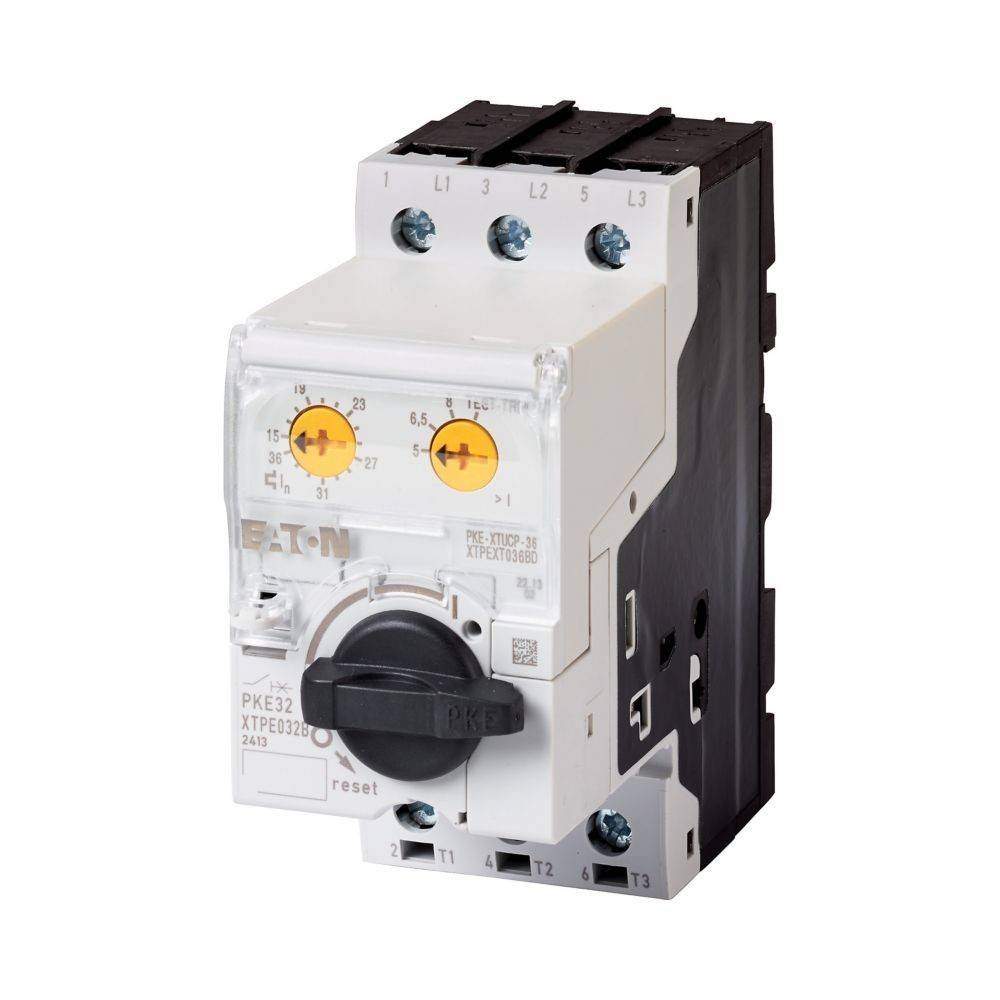 Eaton-Leistungsschalter PKE32 mit einstellbarem Drehwahlschalter und Rückstelltaste, entwickelt für elektrische Sicherheit und Überlastschutz.