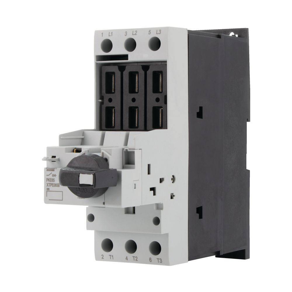 Ein grauer und schwarzer dreipóliger elektrischer Schütz mit beschrifteten Anschlüssen, einschließlich eines Drehschalters an der Vorderseite zur Steuerung.