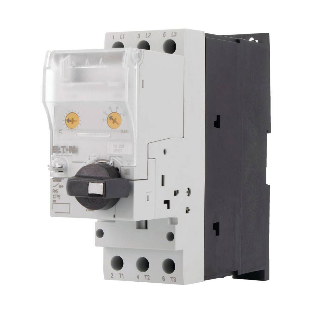 Eine Nahaufnahme eines elektrischen Sicherungsautomaten mit den Beschriftungen ‚Eaton' und ‚EIN', mit einem Drehschalter und markierten Anschlusspunkten.