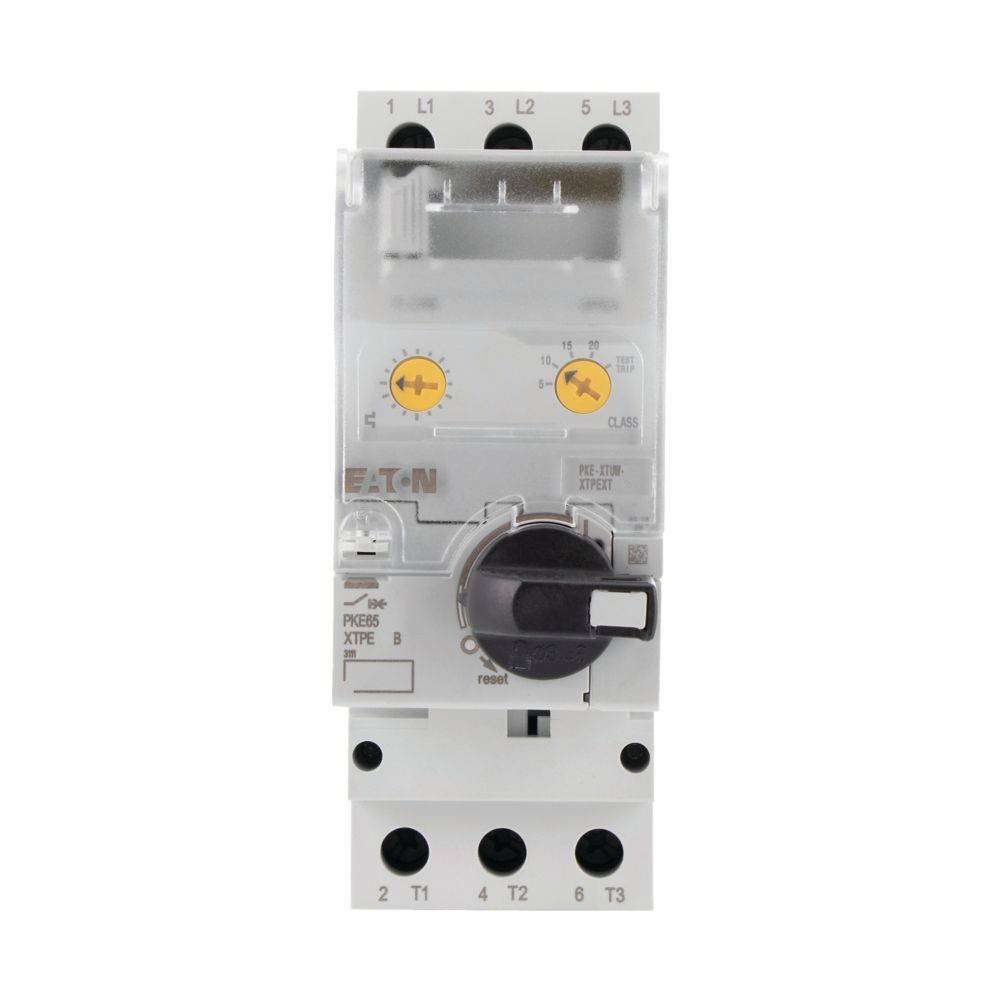 Ein weißes elektrisches Gerät mit einem schwarzen Drehschalter, gelben Einstellscheiben und beschrifteten Anschlüssen, das zur Stromkreisabsicherung und -steuerung verwendet wird.
