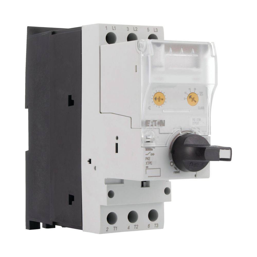 Ein weißes und schwarzes elektrisches Schaltergerät mit einem Drehknopf und transparenter Schutzabdeckung, das die Markenbezeichnung trägt.