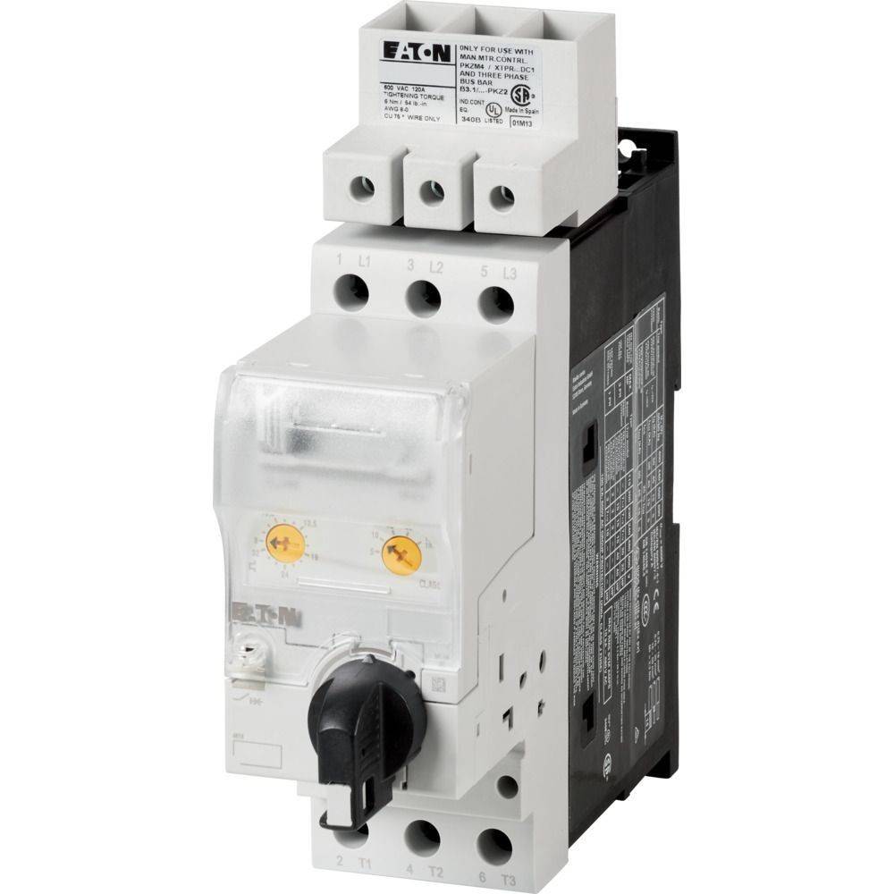 Eaton 3-Pol-Leistungsschalter in Gussgehäuse; schwarzer Drehschalter; weiße Gehäuse; geeignet für industrielle elektrische Systeme.