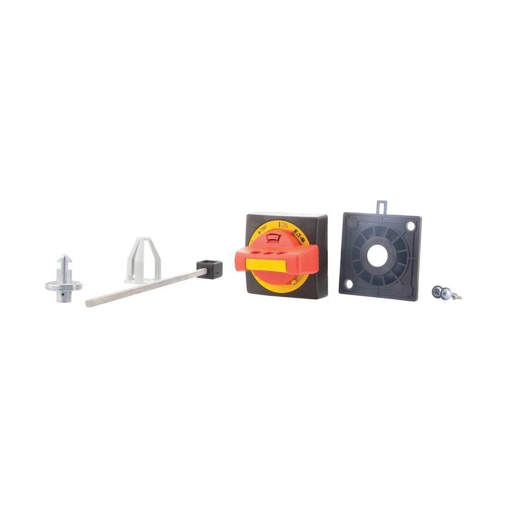 Elektrische Schaltereinheit mit einem roten und gelben Bedienungsknopf, Befestigungsmaterial und zusätzlichen Komponenten zur Installation bereitgelegt.