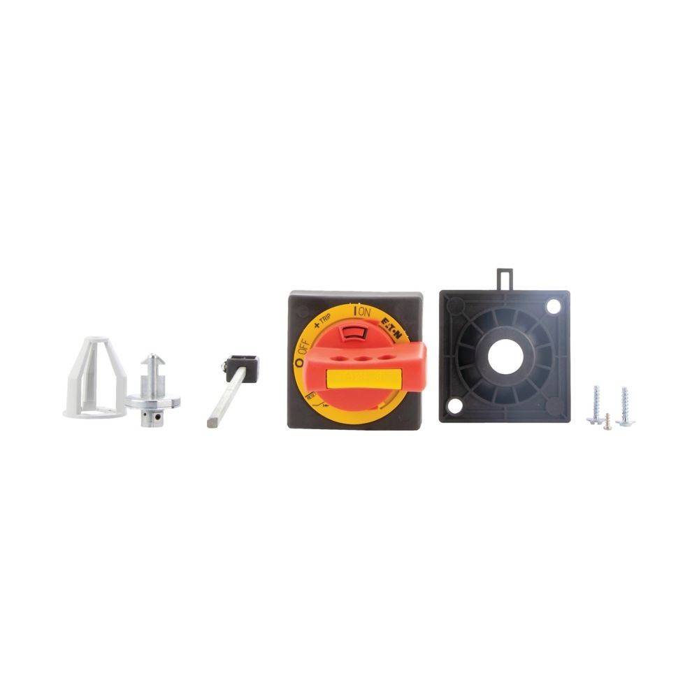 Bauteile einer Rotary-Schaltereinheit ausgelegt, einschließlich eines roten Schalterhebels, der an einer quadratischen Basis mit Schrauben und einer Achse befestigt ist.