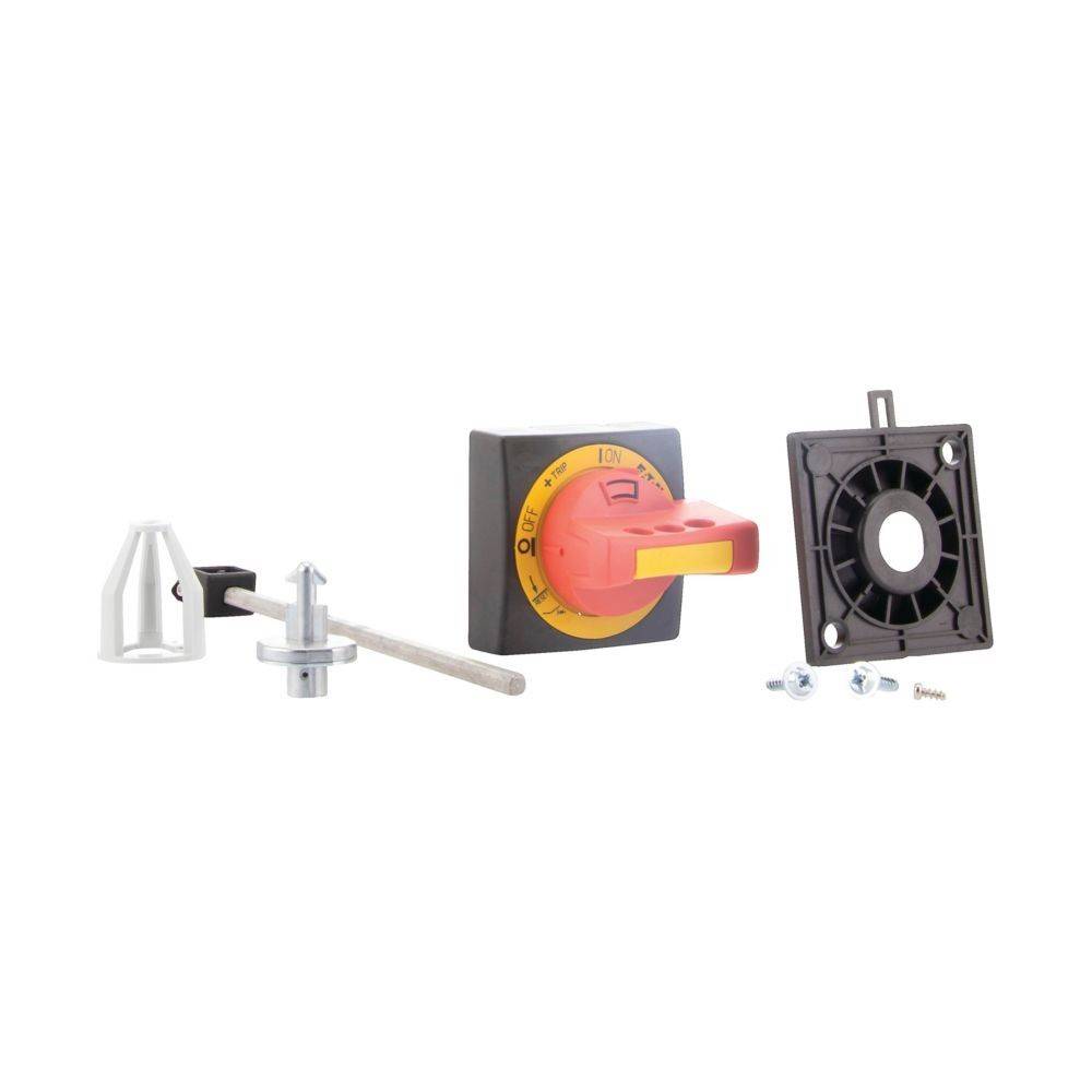 Elektrische Schaltkomponenten-Set bestehend aus rotem Drehschalter, Montageplatine und Metallverbindern.