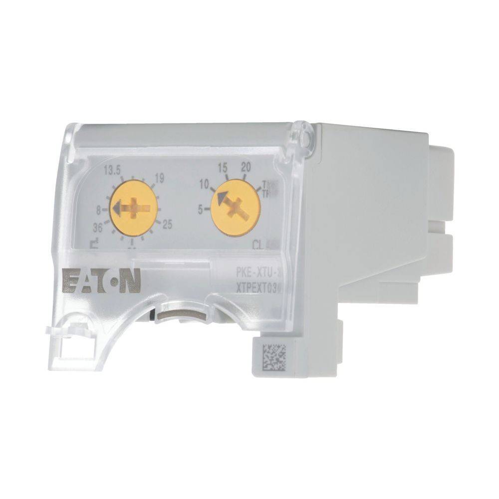 Eaton PKE-XTU-XTPEKTD00' elektronisches Modul mit einstellbaren Einstellungen, dargestellt in einem weißen Kunststoffgehäuse mit transparenter Abdeckung.