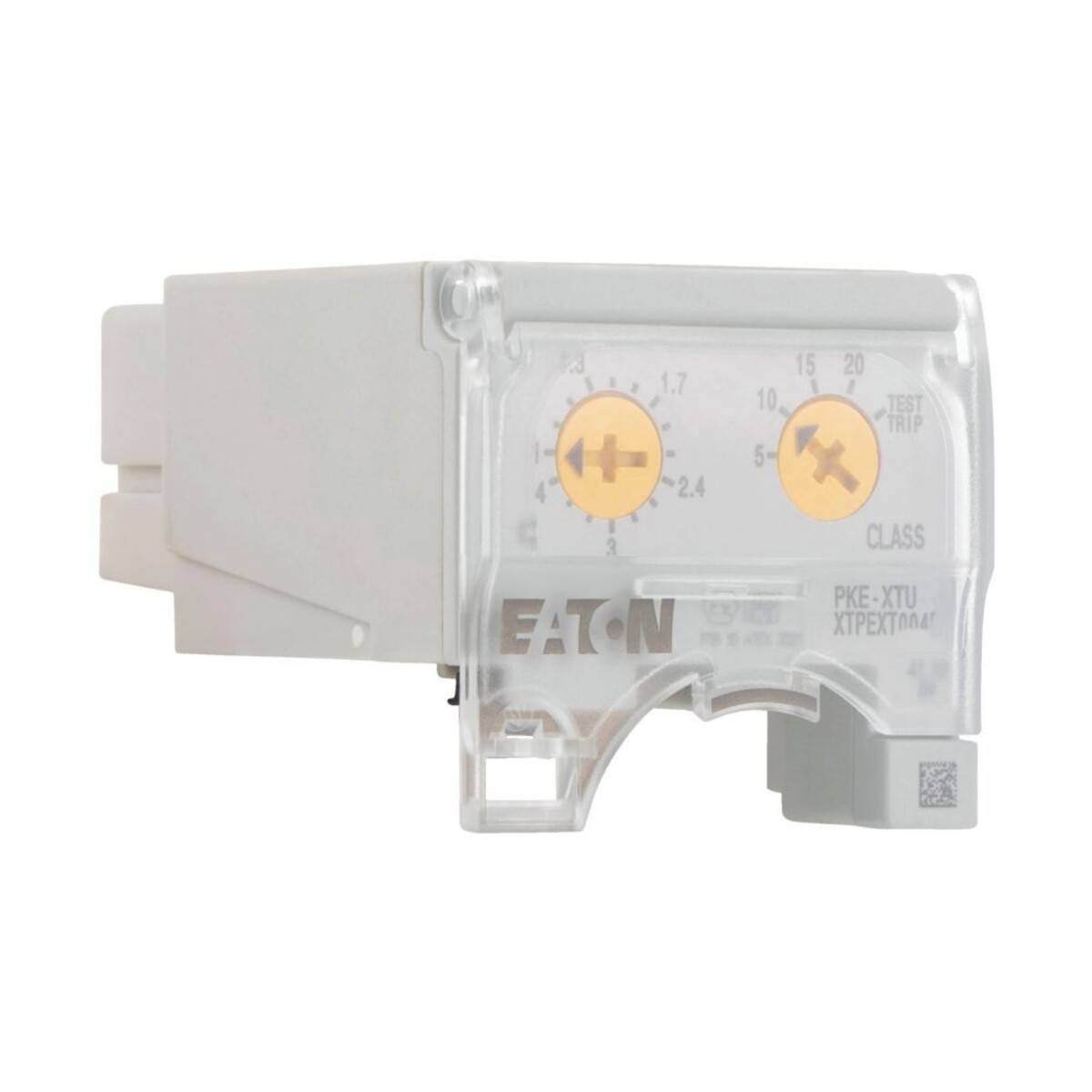 Eine 'Eaton' Motorschutzrelais-Komponente mit Zifferblattanzeigen und verschiedenen Beschriftungen, die zum Verhindern von Überlastungen in elektrischen Systemen verwendet wird.