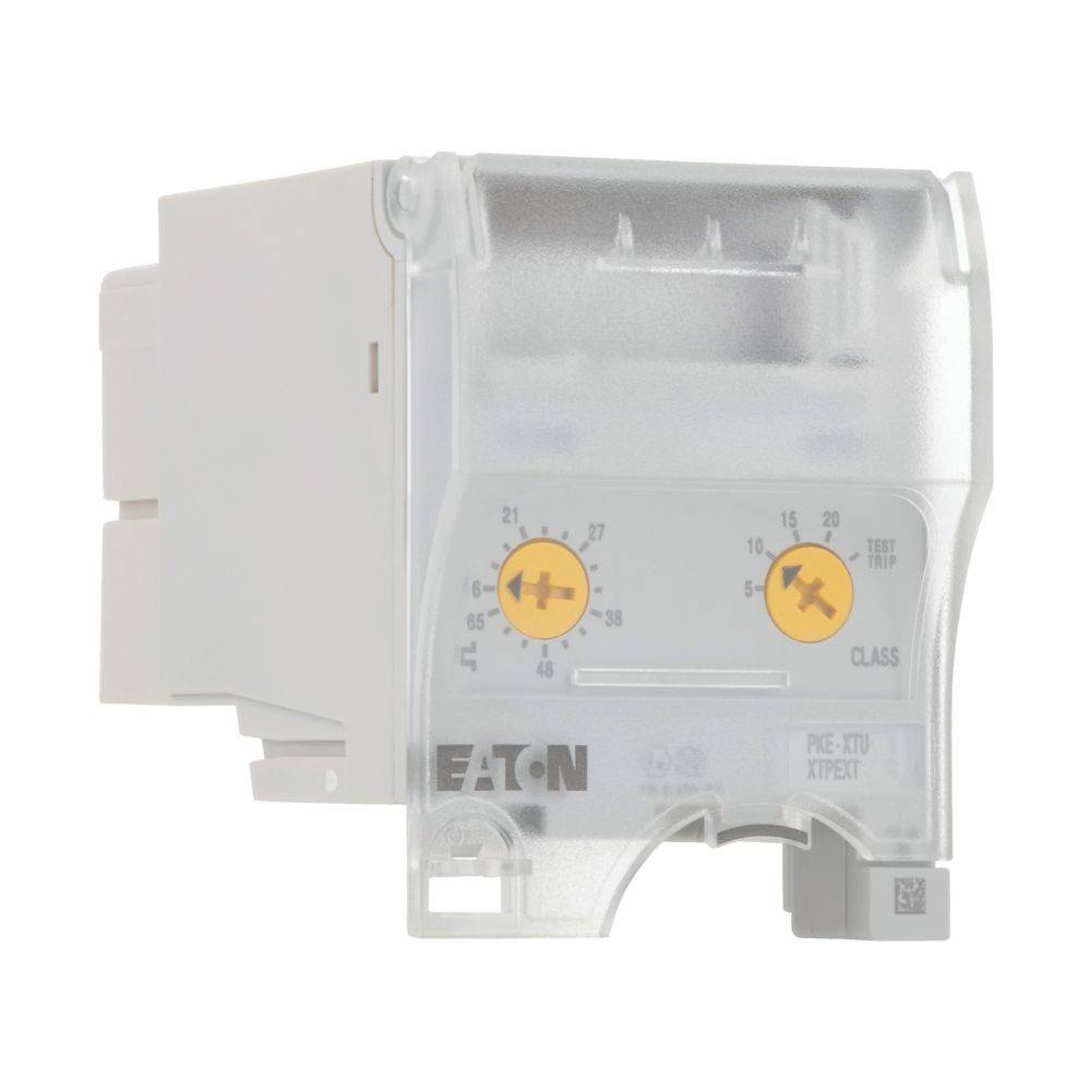 Eaton PKE-XTU elektronisches Motorstarter-Modul mit Einstellrädern für den Überlastschutz. Transparente Abdeckung gibt die Bedienelemente frei.
