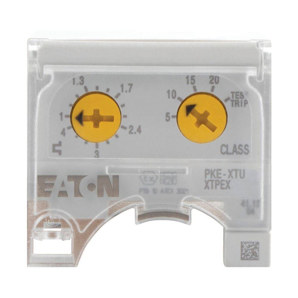 Eaton PKE-XTU XTPEX Motorschutzrelais-Modul mit zwei gelben Einstellungsrädern, die Bereichseinstellungen für Stromstärke und Klasse anzeigen.