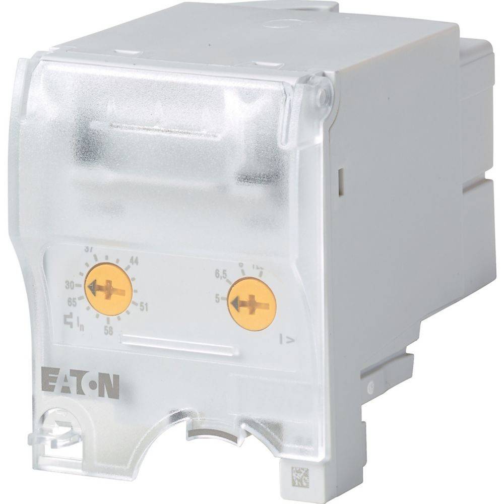 Eine transparente Eaton-Elektrokomponente, höchstwahrscheinlich ein Relais oder Schalter, mit sichtbaren Anschlüssen und Markierungen, die für industrielle Anwendungen verwendet wird.