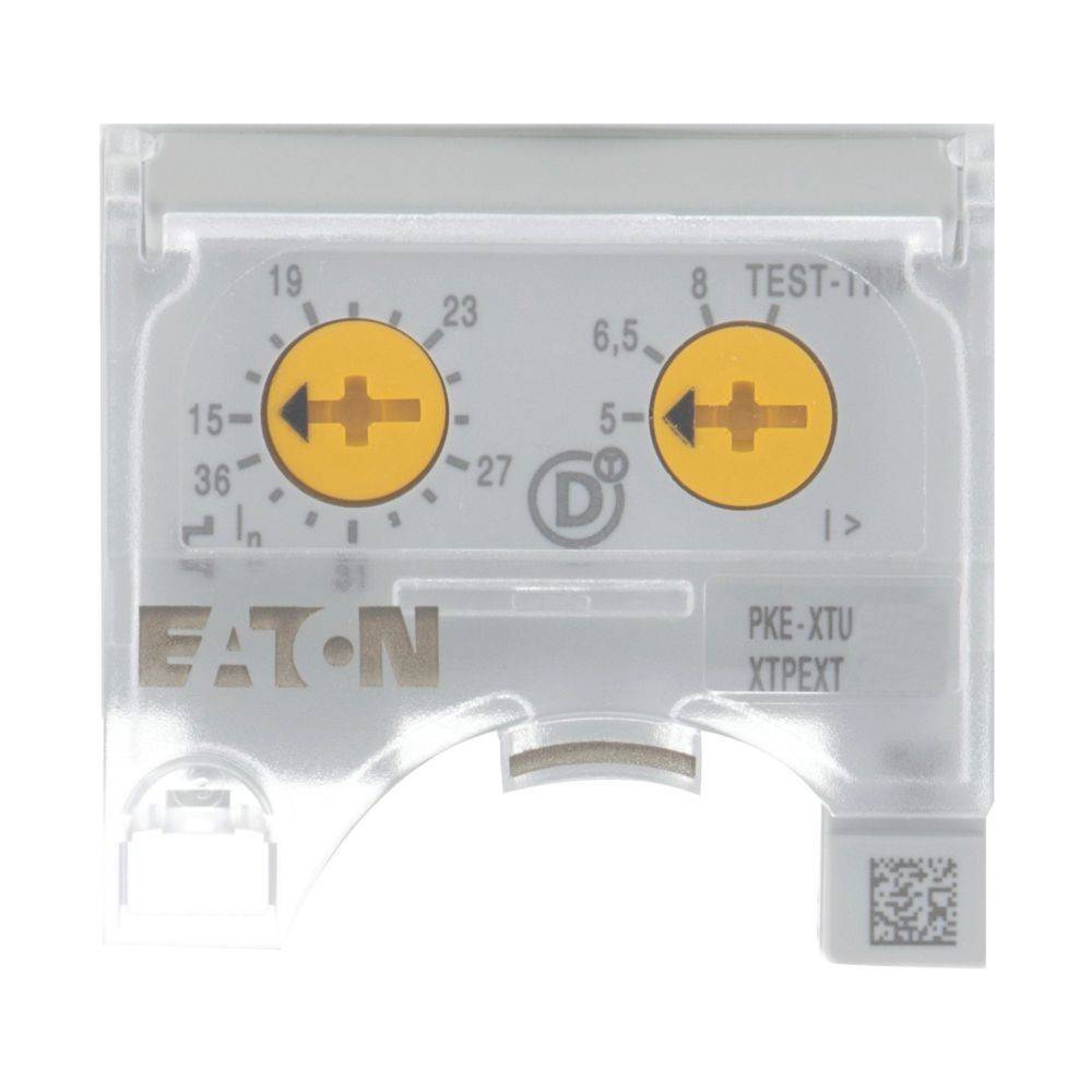 Eine Nahaufnahme eines Eaton-Geräts mit zwei Zifferblättern, die Zahlen und Symbole anzeigen, beschriftet mit 'PKE-XTU XTPEXT' und einem QR-Code am unteren Rand.