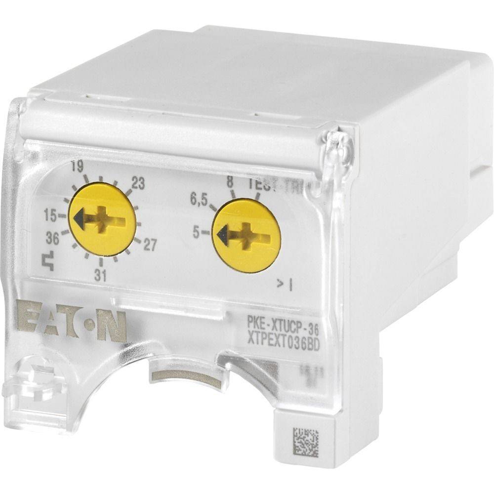 Eine Nahaufnahme eines Eaton PKE-XTUCP-35 Moduls mit zwei gelben Wahlschaltern mit schwarzen Pfeilen und Nummerierung, die für elektrische Konfigurationen verwendet werden.