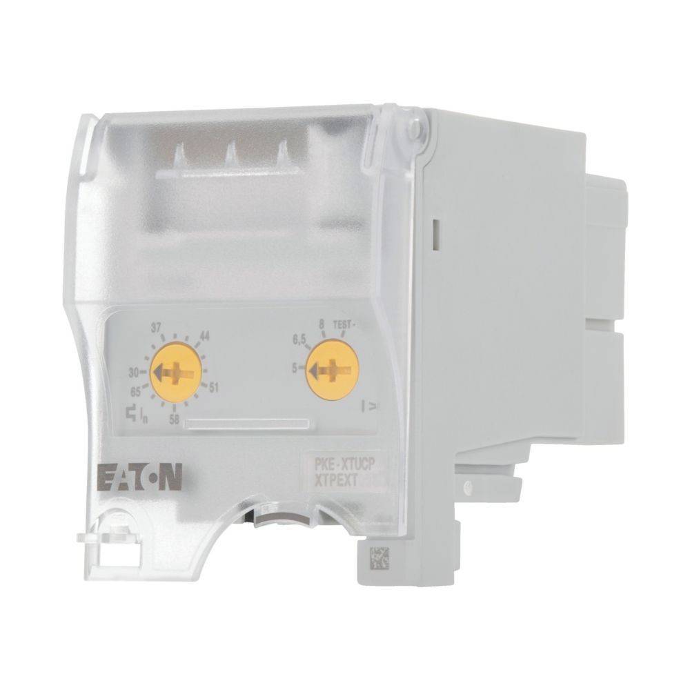 Eaton PKZ-XT Auslösemodul mit transparenter Abdeckung, ausgestattet mit Schaltern für Bereichseinstellungen und Testfunktion, verwendet für Motorschutz.