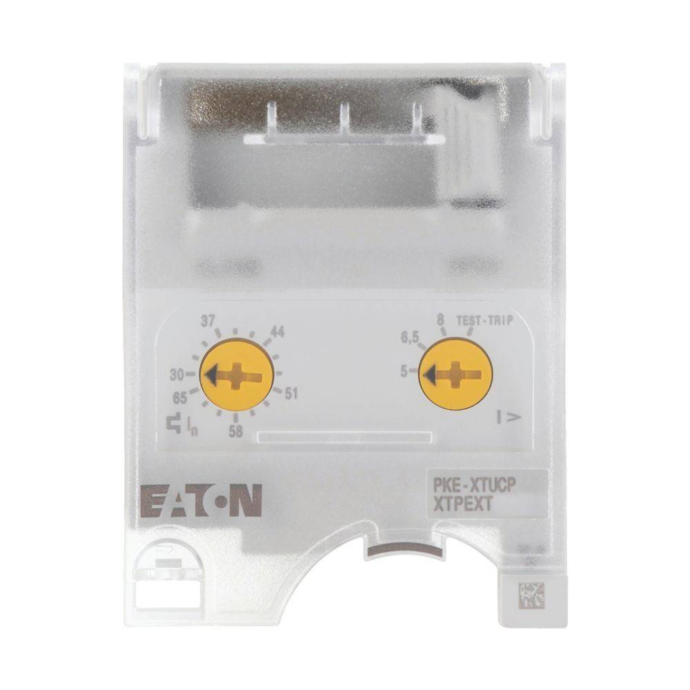 Eine transparente elektrische Komponente von Eaton mit der Bezeichnung 'PKE-XTUCP XTPEXT' mit numerischen Einstellungen, wahrscheinlich für Schaltkreiskontrollanpassungen.