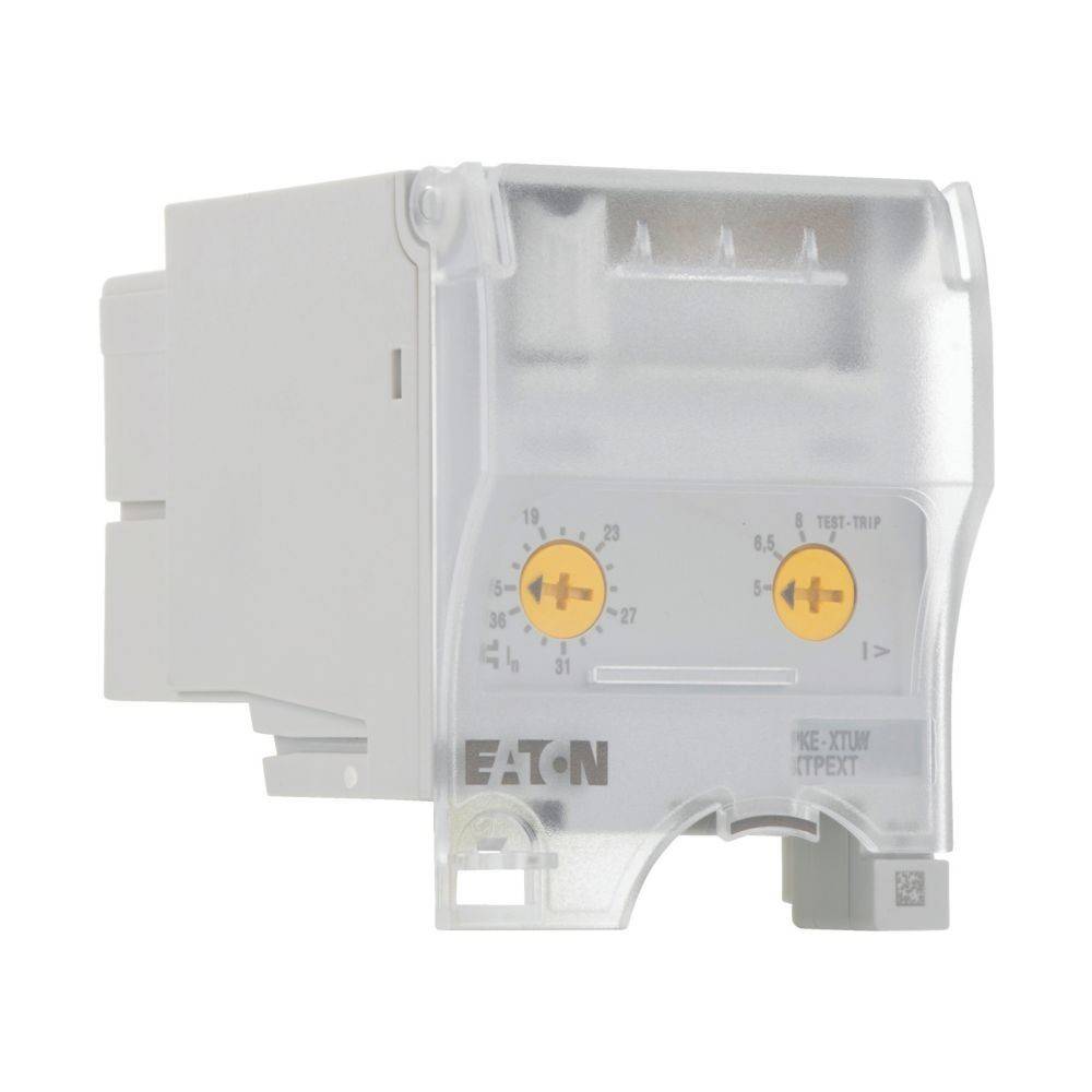 Eine transparente Eaton-Elektrovorrichtung zeigt Einstellungsoptionen auf ihrer Frontplatte, wobei Drehschalter und gedruckte Symbole sichtbar sind.