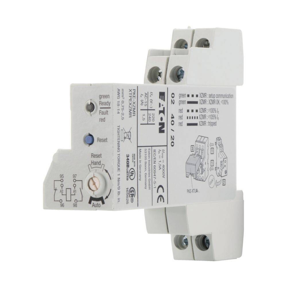 Ein weißes elektrisches Relaisgerät mit beschrifteten Tasten und Leuchten zur Anzeige des Status. Es zeigt Diagramme und technische Spezifikationen.