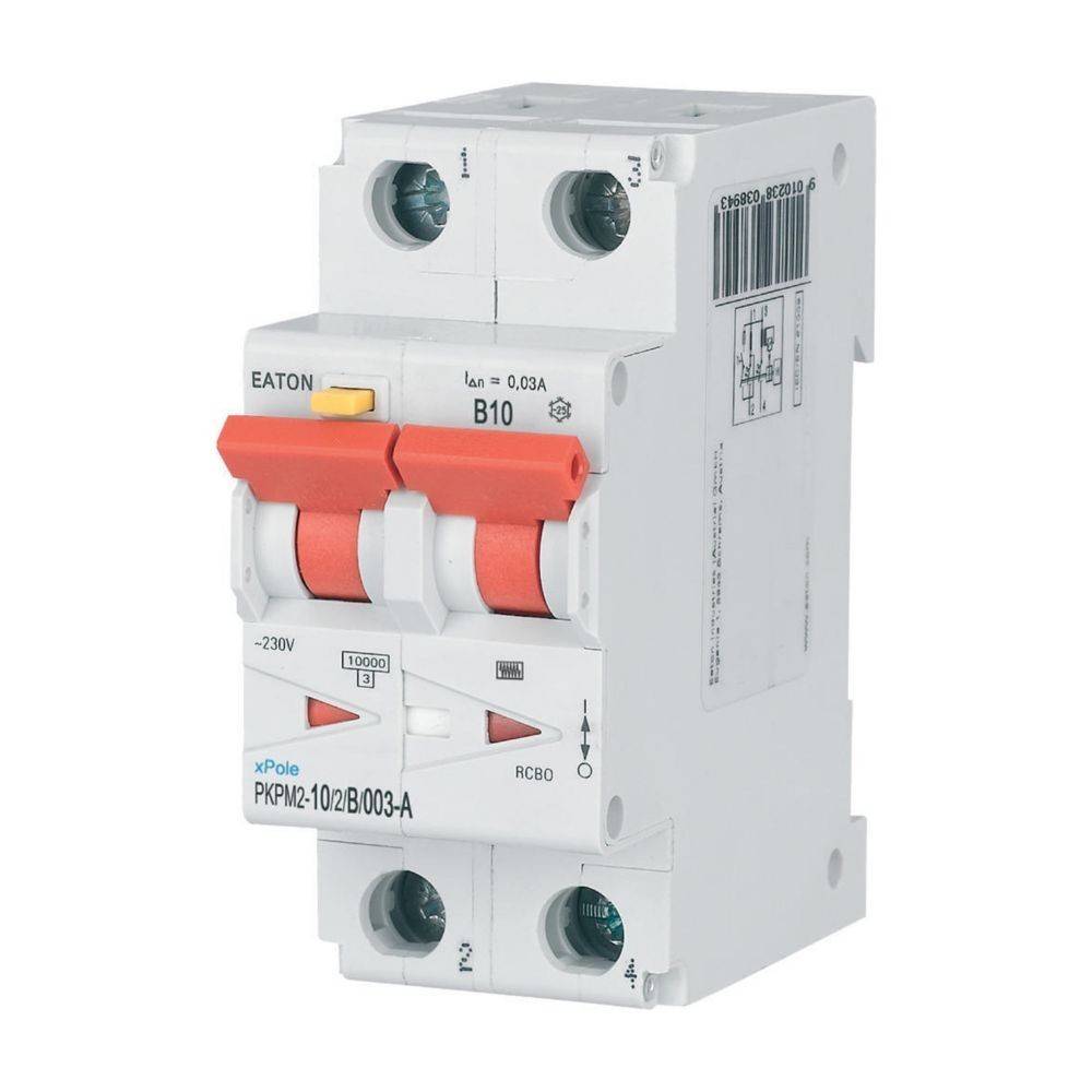 Ein Zwei-Pol-Leitungsschutzschalter mit roten Schaltern, beschriftet mit '10/2/B003-A', mit Vorder- und Seitenansicht, verwendet für elektrische Sicherheit.