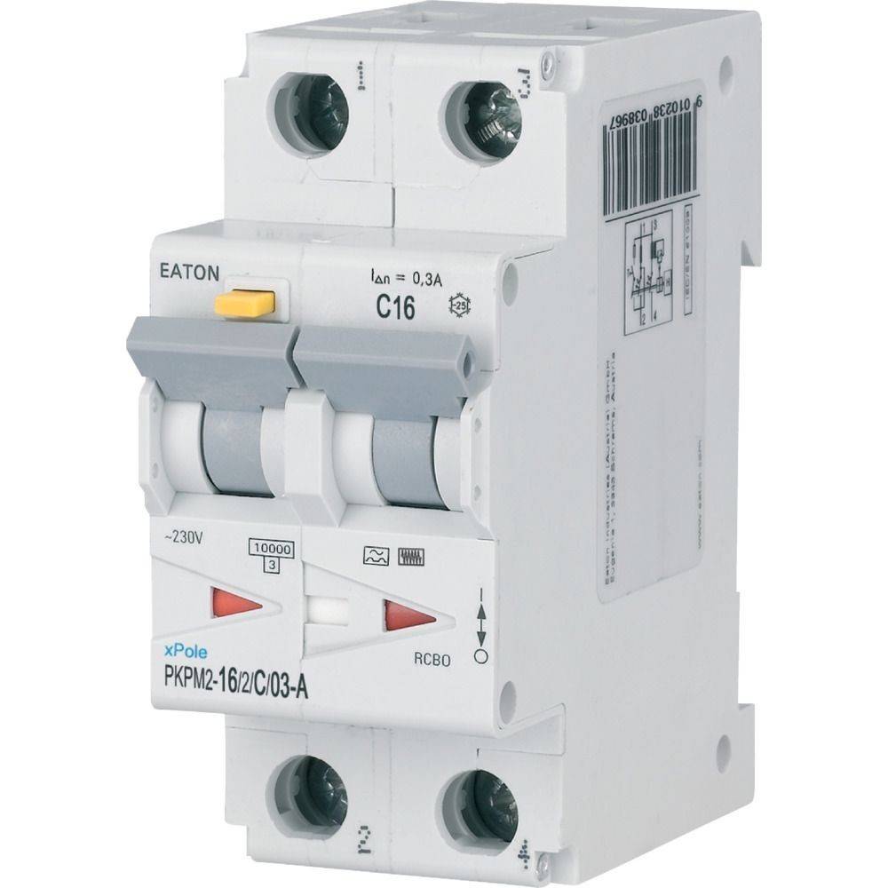 Eaton RCBO, xPole, 230V bemessen, 10000 A, mit Schalthebeln, gekennzeichnet C16, PKPM2-16/2/C/03-A, verwendet für Stromkreisschutz.