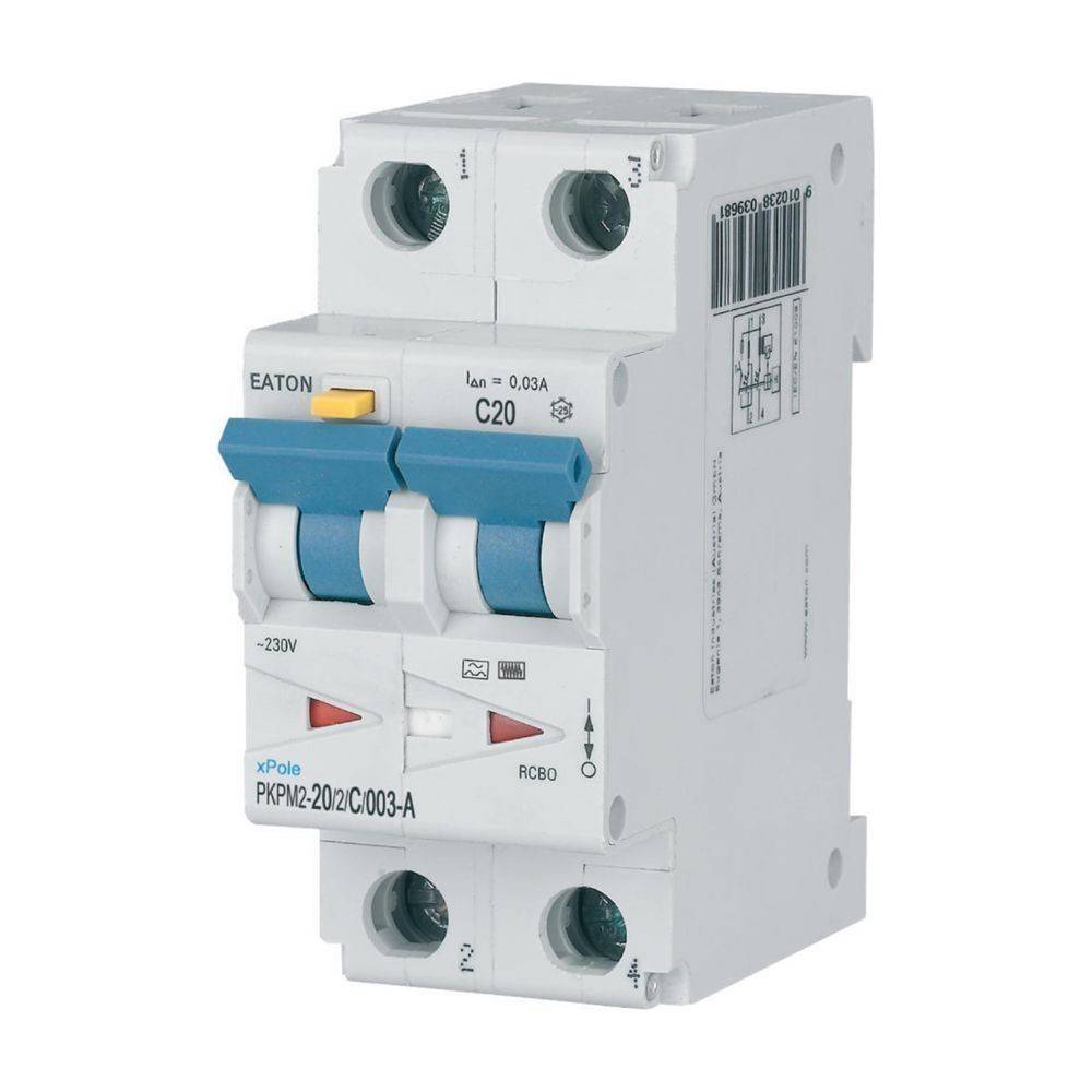 Eaton Leistungsschalter mit Doppelschaltern, mit C20 gekennzeichnet, zur elektrischen Schutzschaltung. Ausgestattet mit blauen Umschalthebeln und Anschlussklemmen.