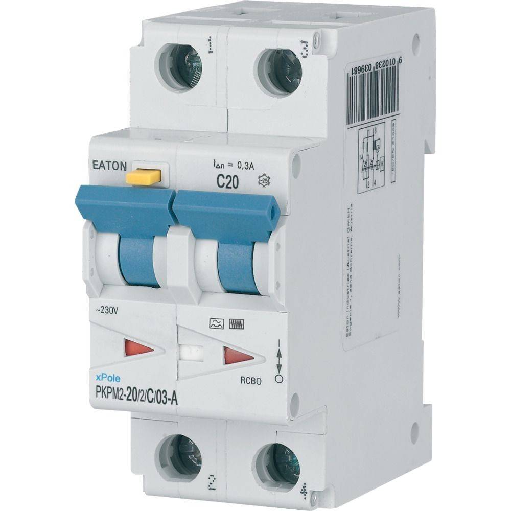 Ein Leitungsschutzschalter mit blauen Schaltern und grauem Gehäuse, mit der Beschriftung 'EATON', mit 'C20' darauf, verwendet zur Steuerung elektrischer Energie.