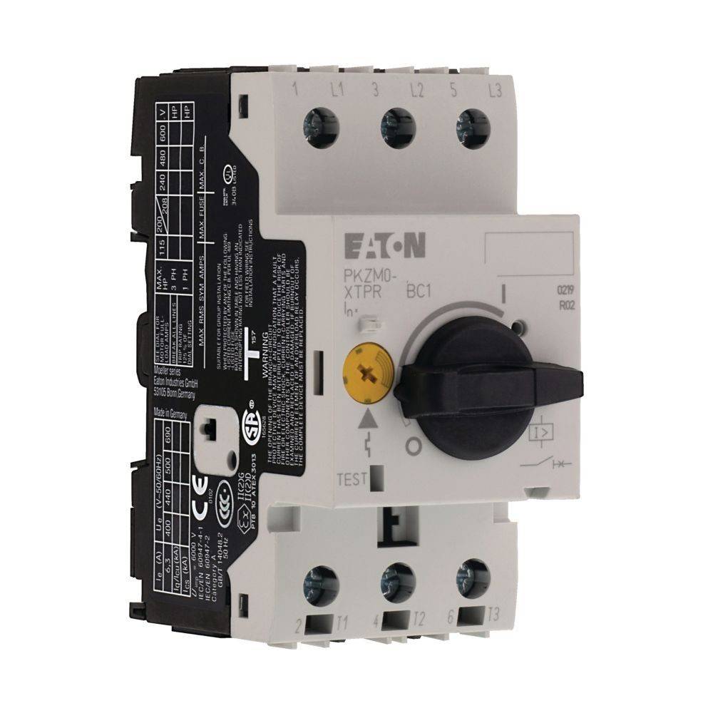 EATON PKZMO Motorschutzschalter mit einstellbarem Wahlschalter und Prüftaste für elektrische Sicherheitsanwendungen.