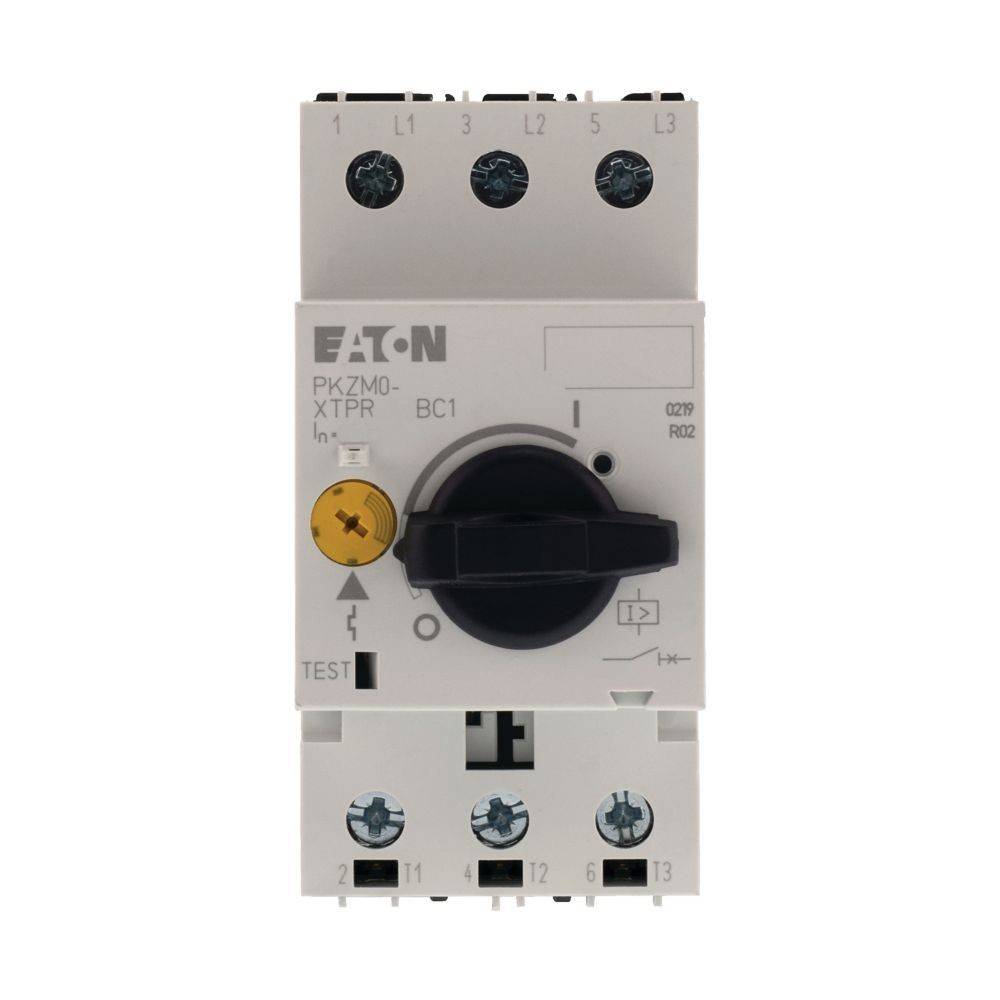 Eaton PKZM0-XTPR BC1' Motorschutzschalter, Frontansicht mit Testknopf, Stellknopf und Anschlussklemmen.