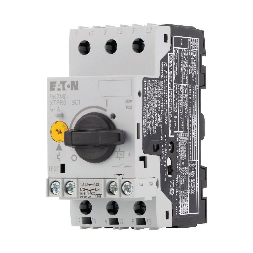 Eaton PKZM0-XTPR0 Motorschutzschalter mit vier Schraubklemmen und einem schwarzen Drehschalter, beschriftet mit 0 und 1.