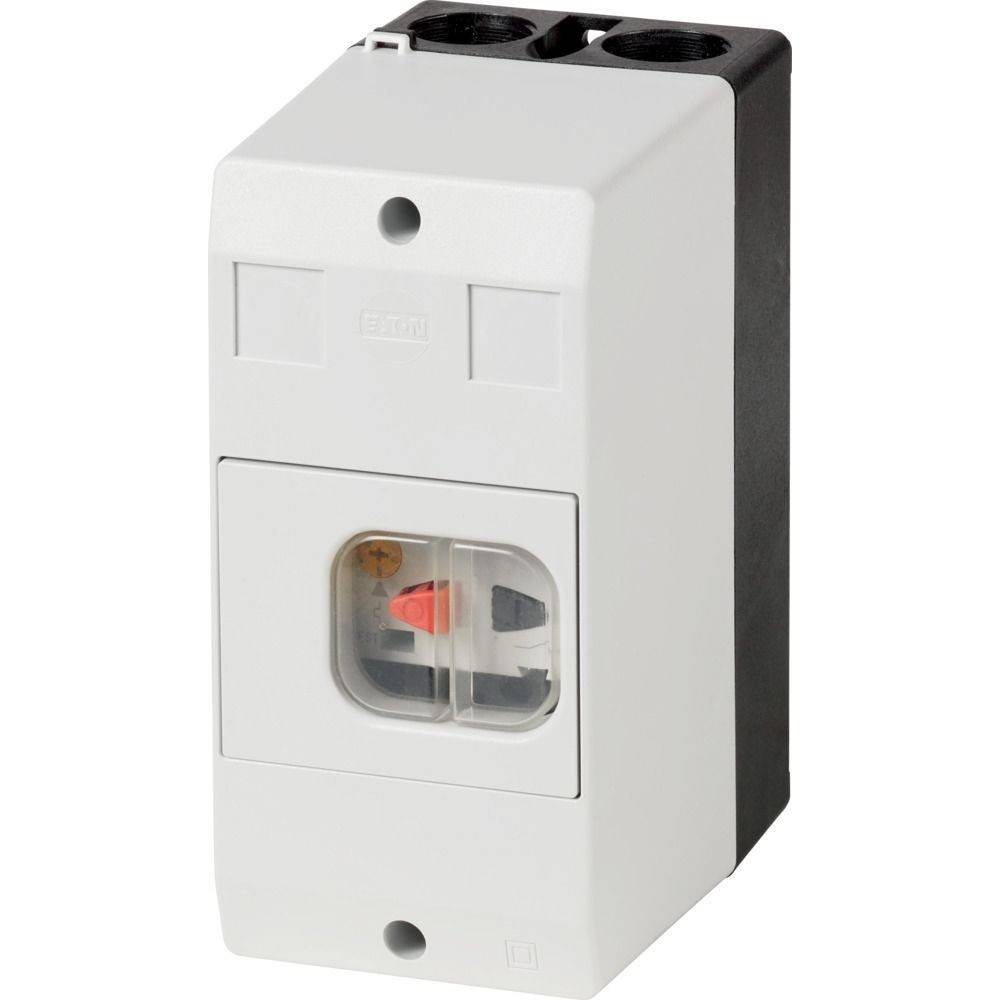 Ein weißer Elektroschalter mit schwarzer Basis, versehen mit einem sichtbaren roten und schwarzen Umschalter in der Mitte unter einer transparenten Abdeckung.