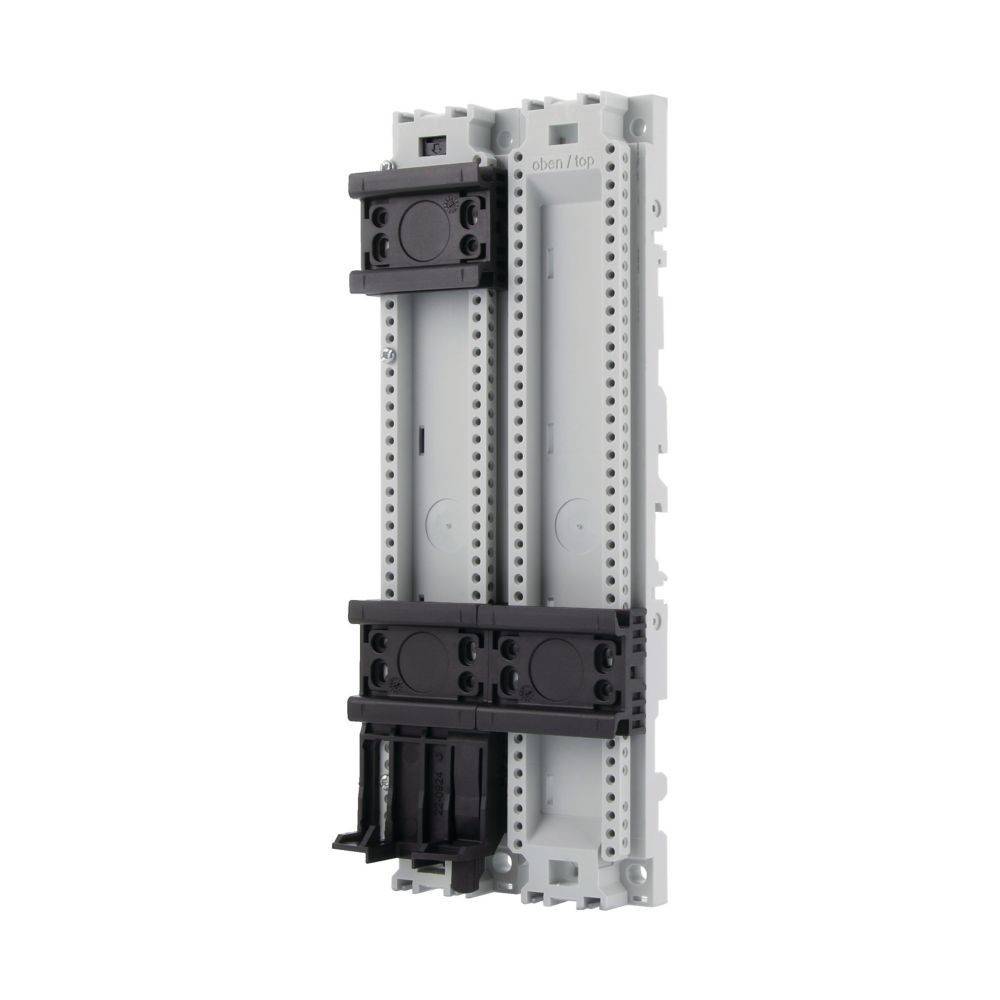 Ein zweireihiges elektrisches Sicherungsverteilerpanel mit Steckplätzen für Sicherungsautomaten und Verkabelung, konzipiert für Gebäude-Stromverteilungssysteme.