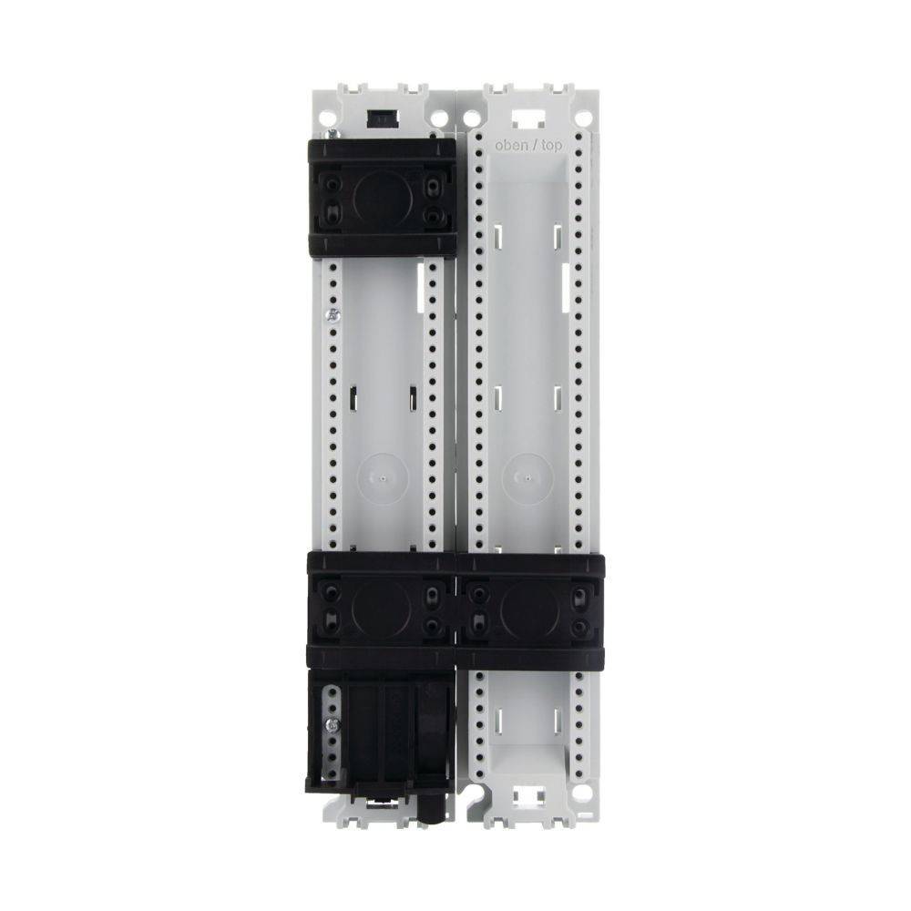 Ein weißes und schwarzes elektrisches Schaltschrank mit Befestigungshalterungen und Anschlüssen, das zum Organisieren und Sichern von elektrischen Leitungskomponenten entwickelt wurde.