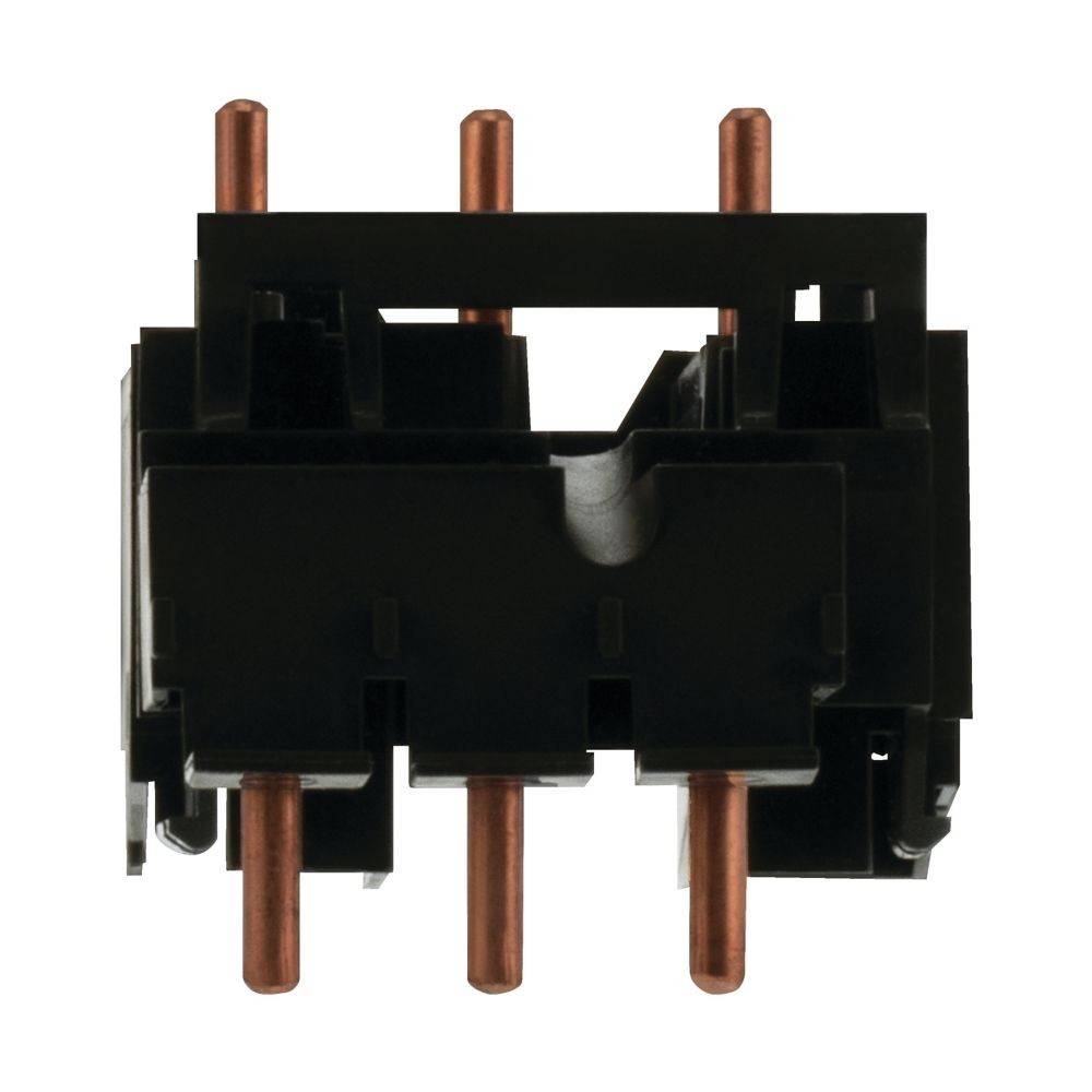 Eine schwarze Kunststoff-Elektrokomponente mit mehreren nach oben ragenden Kupferstiften.